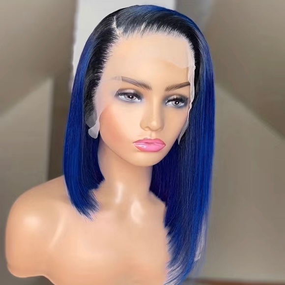 Ombre Black/DeepBlue 13x4 Lace Frontal Straight Peruvian Remy Human Hair Bob Wig - Picture 3 of 7